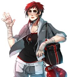 Rule 34 | 1girl, arm wrap, ayane ninja, bag, bandages, bandaid, boxing gloves, casual, dead or alive, dead or alive 5, duffel bag, freckles, hood, hoodie, jewelry, key, mila (doa), necklace, nike (company), open clothes, open hoodie, red eyes, red hair, short hair, shorts, sleeves rolled up, solo, tank top, tecmo, waving
