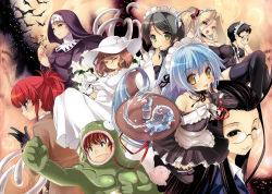 Rule 34 | 2boys, 6+girls, :p, animal costume, bat (animal), black hair, blonde hair, blue eyes, blue hair, breasts, cleavage, cross, cup, dress, elbow gloves, closed eyes, glass, gloves, green eyes, hat, maid, maid headdress, makai shoujo ruruie ruru, multiple boys, multiple girls, nun, open mouth, pierre yoshio, ponytail, purple eyes, red hair, saucer, smile, sun hat, sundress, teacup, tongue, tongue out, tray, two side up, white dress, yellow eyes