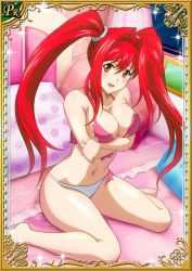 Rule 34 | 00s, 1girl, bare legs, barefoot, bed, breasts, card (medium), curvy, female focus, ikkitousen, kanpei, large breasts, long hair, looking at viewer, on bed, panties, red hair, shiny skin, sitting, smile, twintails, underwear