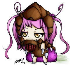 Rule 34 | 1girl, ahoge, atk402, chibi, claws, eyelashes, eyeshadow, grin, infestor (starcraft), long hair, looking away, lowres, makeup, monster girl, naughty face, personification, purple hair, signature, simple background, smile, solo, standing, starcraft, starcraft 2: wings of liberty, tentacles, twintails, two side up, very long hair, white background, yellow eyes, zerg (starcraft), zerg corruptor