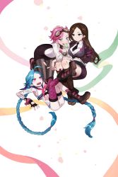 Rule 34 | 3girls, alternate costume, black skirt, blue hair, book, boots, bound, braid, brown eyes, brown hair, caitlyn (league of legends), fingerless gloves, food, frown, gloves, goggles, goggles on head, grey eyes, gwayo, highres, ice cream, jinx (league of legends), knee boots, league of legends, long hair, long sleeves, multiple girls, open mouth, pantyhose, pink eyes, pink hair, shirt, short hair, single thighhigh, skirt, smile, tattoo, thighhighs, tied up (nonsexual), twin braids, vi (league of legends), white shirt
