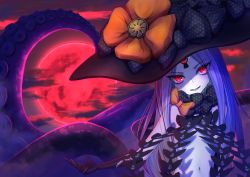 Rule 34 | 1girl, abigail williams (fate), abigail williams (third ascension) (fate), absurdres, artist request, bare shoulders, black bow, black hat, bow, breasts, colored skin, fate/grand order, fate (series), forehead, full moon, hat, highres, huge filesize, keyhole, long hair, looking at viewer, moon, multiple bows, navel, orange bow, parted bangs, red eyes, red moon, small breasts, smile, solo, tentacles, third eye, underwear, white hair, white skin, witch hat