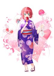 Rule 34 | 1girl, alternate hairstyle, aqua eyes, artist name, artist request, back bow, balloon, blue kimono, blush, bow, breasts, candy apple, collarbone, corset, female focus, floral print, flower print, food, full body, green eyes, hair between eyes, hair bow, highres, holding, holding food, japanese clothes, kimono, kurosawa ruby, long sleeves, looking at viewer, love live!, love live! school idol festival, love live! school idol festival all stars, love live! sunshine!!, obi, parted lips, pink bow, red bow, red corset, red hair, ribbon, sandals, sash, short hair, small breasts, smile, solo, standing, white background, wide sleeves, yellow ribbon