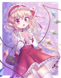 Rule 34 | 1girl, absurdres, alternate costume, artist name, bag, belt, blonde hair, blurry, blurry foreground, blush, border, crepe, crystal, eating, fang, flandre scarlet, food, frilled hairband, frilled skirt, frills, gradient background, hair between eyes, hairband, highres, holding, holding food, lanubis, lolita hairband, long sleeves, looking at viewer, medium hair, open mouth, pointy ears, purple background, red belt, red eyes, red hairband, red skirt, shirt, shoulder bag, side ponytail, signature, skirt, solo, standing, thighhighs, touhou, white border, white shirt, white thighhighs, wings