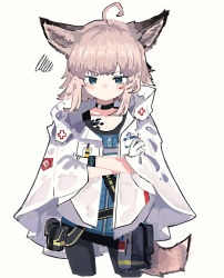 Rule 34 | 1girl, absurdres, ahoge, animal ear fluff, animal ears, arknights, black choker, black pantyhose, blouse, blue eyes, blue shirt, blush, choker, closed mouth, collarbone, commentary request, cropped legs, crossed arms, fox ears, fox girl, fox tail, gloves, highres, infection monitor (arknights), jacket, material growth, open clothes, open jacket, oripathy lesion (arknights), pantyhose, ryu (17569823), shirt, simple background, solo, squiggle, sussurro (arknights), tail, v-shaped eyebrows, white background, white gloves, white jacket