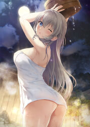 Rule 34 | 1girl, arms up, ass, backboob, bare arms, bare shoulders, basket, blush, breasts, commentary request, cowboy shot, curvy, fence, from below, hair between eyes, hair down, highres, holding, holding basket, large breasts, light brown hair, long hair, looking at viewer, looking back, matsuki ira, moon, mountainous horizon, naked towel, night, night sky, official art, one eye closed, onsen, open mouth, outdoors, sky, solo, standing, steam, straight hair, towel, tsurukonnyaku, umi to yuki no cyan blue, very long hair, water drop, wet