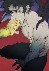 Rule 34 | 1boy, abs, black hair, blood, claws, crying, devilman, devilman crybaby, eyebrows, fudou akira, male focus, open mouth, red background, sharp teeth, topless male, short hair, simple background, solo, tatouji, tears, teeth