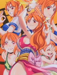 Rule 34 | 1girl, arms up, bare shoulders, bikini, bikini top only, breasts, child, cleavage, clima-tact, crying, crying with eyes open, electricity, food, fruit, highres, holding, holding weapon, japanese clothes, kimono, large breasts, long hair, mandarin orange, money gesture, multiple views, nami (one piece), one piece, orange hair, pandar op, red eyes, shirt, short hair, shoulder tattoo, sideboob, swimsuit, tattoo, tears, weapon, aged down