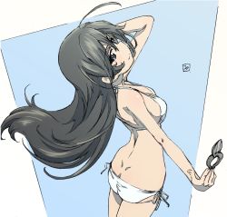 Rule 34 | 1girl, ahoge, arched back, artist name, ass, back, bad id, bad twitter id, bikini, black eyes, black hair, butt crack, closed mouth, commentary, cowboy shot, erakin, from side, girls und panzer, hand in own hair, highres, holding, holding scissors, isuzu hana, long hair, looking at viewer, medium hair, scissors, signature, sketch, smile, solo, standing, swimsuit, traditional media, white bikini