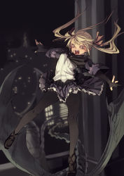 Rule 34 | 1girl, :d, ascot, black footwear, black gloves, black pantyhose, blonde hair, blurry, breasts, building, city, clothes lift, cross-laced footwear, depth of field, dragon, fang, floating hair, frilled skirt, frills, fu-ta, full body, gloves, hair ribbon, highres, jacket, legs apart, miniskirt, night, night sky, open mouth, original, outdoors, outstretched arms, pantyhose, partially fingerless gloves, pleated skirt, pocket, purple skirt, ribbon, riding, shirt, shoes, short sleeves, skirt, skirt lift, sky, skyscraper, slit pupils, small breasts, smile, solo, spread arms, standing, standing on one leg, twintails, white shirt, wind, wind lift, yellow eyes