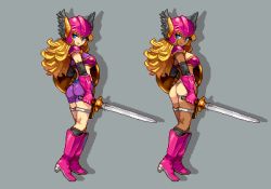 Rule 34 | 1girl, armor, ass, bike shorts, bikini armor, blonde hair, boots, breasts, dragon quest, dragon quest iii, elbow gloves, gloves, helmet, high heel boots, high heels, highres, long hair, looking back, red armor, shield, shirosu, soldier (dq3), square enix, sword, tan, tanline, weapon, winged helmet