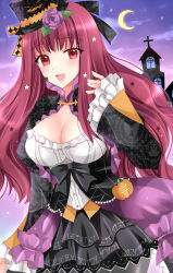 1girl alternate_costume black_hat breasts cleavage cloud fire_emblem fire_emblem_engage frilled_sleeves frills hair_ornament halloween halloween_costume hat highres kirishima_riona large_breasts long_hair mini_hat mixed-language_commentary moon night night_sky nintendo open_mouth red_eyes red_hair sky smile solo star_(sky) star_(symbol) star_hair_ornament wavy_hair wide_sleeves yunaka_(fire_emblem)