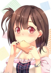 Rule 34 | 1girl, artist name, bad id, bad pixiv id, bare shoulders, blush, bracelet, bread slice, breasts, brown hair, eating, food, food in mouth, frills, hack waltz, hands up, highres, holding, holding food, jewelry, kurosawa mayu, looking at viewer, medium breasts, mouth hold, one side up, original, plaid, red eyes, short hair, solo, toast, toast in mouth, upper body