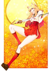 Rule 34 | 10s, 1girl, absurdres, animal ear fluff, animal ears, blonde hair, clothing cutout, fate/extra, fate/extra ccc, fate/extra ccc fox tail, fate (series), floral background, fox ears, hakama, hakama skirt, highres, holding, holding sword, holding weapon, japanese clothes, kneehighs, loafers, long hair, long legs, looking to the side, menea, nontraditional miko, red skirt, shoes, short sleeves, side cutout, skirt, smile, socks, solo, suzuka gozen (fate), sword, teeth, weapon, yellow eyes