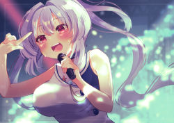 Rule 34 | 1girl, :d, arm up, bad id, bad pixiv id, bare arms, bare shoulders, blush, breasts, commentary request, dress, ebihara beniko, hair between eyes, hair intakes, hand up, holding, holding microphone, large breasts, long hair, microphone, open mouth, original, red eyes, silver hair, sleeveless, sleeveless dress, smile, solo, sweat, teeth, twintails, upper body, upper teeth only, very long hair, white dress