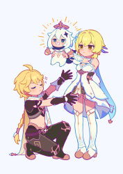 Rule 34 | 1boy, 2girls, aether (genshin impact), baby, baby carry, bare shoulders, black gloves, black pants, black shirt, blonde hair, blue eyes, blush, boots, brother and sister, cape, carrying, chibi, closed eyes, crop top, detached sleeves, dress, genshin impact, gloves, highres, lumine (genshin impact), midriff, multiple girls, navel, paimon (genshin impact), pants, partially fingerless gloves, shao (shaorouhong), shirt, siblings, sleeveless, sleeveless dress, thigh boots, thighhighs, twintails, white hair, yellow eyes