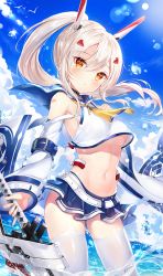 Rule 34 | 1girl, arm strap, armpits, ayanami (azur lane), azur lane, bandaid, bandaid on arm, bare shoulders, belt, blue sky, blush, breasts, buckle, closed mouth, cloud, commentary request, cowboy shot, day, floating hair, groin, hair between eyes, hair ornament, hand up, headgear, highres, holding, holding sword, holding weapon, in water, long hair, looking at viewer, medium breasts, microskirt, narae, navel, no bra, pinky out, pleated skirt, ponytail, red eyes, rigging, rudder footwear, school uniform, serafuku, shiny skin, shirt, sidelocks, silver hair, skirt, sky, solo, splashing, standing, stomach, sword, thighhighs, thighs, underboob, wading, water drop, weapon, white shirt, white thighhighs, wide sleeves, wind, wind lift