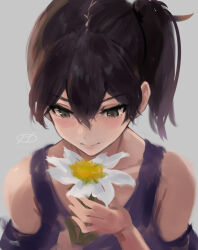 Rule 34 | 1girl, artist name, bare shoulders, brown hair, close-up, commentary request, double-parted bangs, flower, from above, grey background, grey eyes, haruto (harut n), high side ponytail, holding, holding flower, kaga (kancolle), kantai collection, looking at object, medium hair, pink lips, purple shirt, shirt, signature, simple background, smile, solo, upper body, white flower