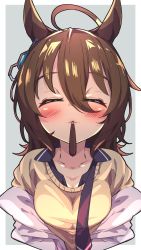 Rule 34 | 1girl, absurdres, agnes tachyon (umamusume), ahoge, animal ears, black necktie, blush, breasts, brown hair, cleavage, closed eyes, coat, collarbone, commentary, earrings, food in mouth, foreshortening, grey background, hair between eyes, highres, horse ears, horse girl, incoming pocky kiss, jewelry, medium breasts, necktie, off shoulder, outside border, pocky, pocky day, pocky in mouth, pov, single earring, solo, sweater, umamusume, undone necktie, upper body, woruta (soloistlist), yellow sweater
