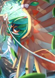 Rule 34 | animal focus, arrow (projectile), bird, blurry, closed mouth, commentary request, creatures (company), day, decidueye, falling leaves, game freak, gen 7 pokemon, highres, leaf, nintendo, no humans, orange eyes, outdoors, owl, pokemon, pokemon (creature), red pupils, ririri (user rkrv7838), solo, standing