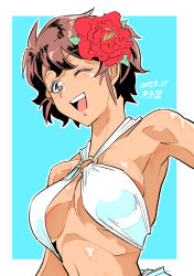 Rule 34 | 1girl, ;d, armpits, artist name, bikini, blue background, blue eyes, blush, breasts, bright pupils, brown hair, commentary, criss-cross halter, dark-skinned female, dark skin, dated, flower, girls und panzer, hair flower, hair ornament, halterneck, hibiscus, highres, light blush, looking at viewer, medium breasts, navel, o-ring, o-ring bikini, one-hour drawing challenge, one eye closed, open mouth, outline, red flower, ribs, shinkuukan (tetsuo3), short hair, signature, smile, solo, suzuki (girls und panzer), swimsuit, upper body, white bikini, white outline, white pupils