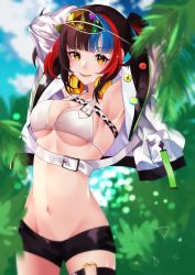 Rule 34 | 1girl, absurdres, armpits, arms behind head, arms up, badge, bare shoulders, bikini, black hair, black shorts, blue hair, blue sky, blush, breasts, button badge, cleavage, fate/grand order, fate (series), green hat, hat, headphones, headphones around neck, highres, jacket, jakku (ryuuto second), large breasts, long hair, long sleeves, looking at viewer, multicolored hair, navel, off shoulder, open clothes, open jacket, palm tree, red hair, sei shounagon (fate), sei shounagon (swimsuit berserker) (fate), short shorts, shorts, sidelocks, sky, smile, solo, swimsuit, thigh strap, thighs, tree, twintails, visor cap, white bikini, white jacket, yellow eyes