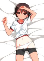 Rule 34 | 10s, 1girl, bed, bike shorts, black shorts, blush, bow, bow panties, brown eyes, brown hair, clothes lift, clothes pull, collarbone, from above, girls und panzer, gym shirt, gym uniform, isobe noriko, looking at viewer, lying, navel, on back, panties, parted lips, shirt, shirt lift, short hair, short shorts, short sleeves, shorts, shorts pull, shorts tan, solo, sunburn, t-shirt, tan, tanline, umekichi, underwear, white panties, white shirt