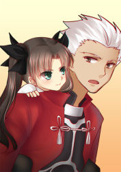 Rule 34 | 1boy, 1girl, aged down, archer (fate), bad id, bad pixiv id, blue eyes, brown eyes, brown hair, child, dark-skinned male, dark skin, fate/stay night, fate/zero, fate (series), hair ribbon, long hair, meaomao, pout, ribbon, time paradox, tohsaka rin, twintails, white hair
