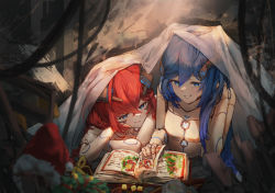 Rule 34 | android, blue eyes, blue hair, book, christmas, christmas wreath, half-closed eyes, hat, head rest, headgear, highres, joints, long hair, nude, open book, original, red hair, robot joints, santa hat, siblings, sisters, smile, taiu, turning page, under covers, wreath