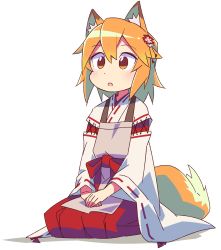 Rule 34 | 1girl, :o, animal ear fluff, animal ears, brown eyes, commentary request, flower, fox ears, fox girl, fox tail, full body, hair flower, hair ornament, hands on lap, highres, japanese clothes, miko, orange hair, roku no hito, seiza, senko (sewayaki kitsune no senko-san), sewayaki kitsune no senko-san, short hair, simple background, sitting, solo, tail, white background, wide sleeves