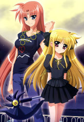 Rule 34 | 00s, 2girls, absurdres, age difference, alternate costume, arf, arms behind back, balcony, bardiche (axe form) (nanoha), bardiche (nanoha), black skirt, blonde hair, blue eyes, blush, bow, breasts, brown hair, casual, clenched hands, cross-laced clothes, denim, fang, fang out, fate testarossa, flat chest, forehead jewel, full moon, gem, hair bow, halberd, head tilt, heart, heart print, higa yukari, highres, holding, holding weapon, jeans, jewelry, light smile, long hair, looking at viewer, low twintails, lyrical nanoha, mahou shoujo lyrical nanoha, moon, multiple girls, necklace, night, night sky, non-web source, nyantype, official art, orange hair, outdoors, pants, parted bangs, pink eyes, pleated skirt, polearm, puffy short sleeves, puffy sleeves, railing, ribbon, scan, shirt, short sleeves, sidelocks, skirt, sky, smile, standing, star (sky), t-shirt, twintails, very long hair, weapon