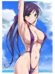 Rule 34 | 10s, 1girl, arm up, armpits, arms behind head, arms up, beach, bikini, blush, breasts, cleavage, cloud, day, dripping, green eyes, highleg, highleg bikini, highres, large breasts, light smile, long hair, looking at viewer, love live!, love live! school idol project, navel, ocean, one-piece swimsuit, outdoors, purple hair, purple one-piece swimsuit, rasukaru, sky, slingshot swimsuit, solo, strap gap, swept bangs, swimsuit, tojo nozomi, twintails, water, wet