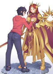 Rule 34 | 1boy, 1girl, absurdres, armor, black hair, blush, bodysuit, boobplate, breastplate, breasts, crown, denim, groping, grabbing, groping, heels, highres, holding, holding weapon, jeans, league of legends, leona (league of legends), orange eyes, pants, pauldrons, pelvic curtain, red hair, red sweater, shield, shoulder armor, standing, sweater, sword, weapon, yellow eyes