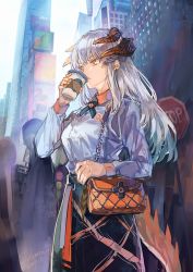1girl, arknights, bag, casual, coffee, dragon girl, dragon horns, horns, looking afar, orange eyes, pomelo (ice blue585), saria (arknights), shoulder bag, skirt, solo, tail, white hair