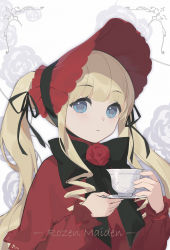 Rule 34 | 1girl, absurdres, black bow, blonde hair, blue eyes, bonnet, bow, capelet, commentary request, copyright name, cup, dress, floral background, flower, hands up, highres, holding, holding cup, holding saucer, long hair, long sleeves, parted lips, puffy long sleeves, puffy sleeves, red capelet, red dress, red flower, red headwear, red rose, rose, rozen maiden, saucer, shinku, solo, teacup, twintails, upper body, very long hair, vsmile, white background