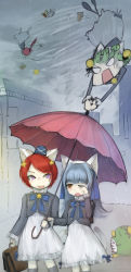 Rule 34 | 4girls, :o, animal ears, blue hair, brown eyes, building, cat ears, character request, city, cityscape, dejiko, di gi charat, dress, gema, grabbing, green hair, hair ornament, hat, holding, holding umbrella, instrument, long hair, looking at another, mike (di gi charat), multiple girls, one eye closed, open mouth, outdoors, purple eyes, red hair, rinna, rinna (di gi charat), short hair, toritoma (sweetandsour), tornado, triangle (instrument), umbrella, wince, wings, wink, yawning