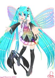 Rule 34 | 1girl, absurdly long hair, absurdres, anniversary, aqua eyes, aqua hair, artist name, artist request, bare shoulders, black footwear, black legwear, black skirt, blue eyes, blue hair, blue neckwear, blush, bug, butterfly, collared shirt, female focus, full body, hatsune miku, headphones, headset, highres, insect, long hair, looking at viewer, multicolored shirt, ribbon, shirt, short sleeves, skirt, smile, solo, string, syuka39, tattoo, twintails, very long hair, vocaloid, white background