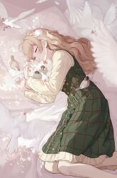 Rule 34 | 1girl, absurdres, animal, animal hug, bird, brown hair, buttons, center frills, chick, closed eyes, double-breasted, dress, feet out of frame, frilled dress, frills, from above, green dress, hair ornament, highres, indie virtual youtuber, long bangs, long hair, long sleeves, lying, no shoes, on bed, on side, pantyhose, parted lips, pillow, pinkusan, pom pom (clothes), pom pom hair ornament, shigure ui (vtuber), shirt, sidelocks, sleeping, solo, virtual youtuber, white bird, white pantyhose, white shirt