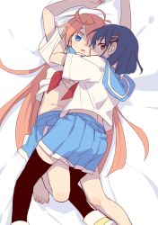 Rule 34 | 2girls, :o, ahoge, arms up, bare legs, barefoot, bed, between legs, black legwear, blue eyes, blue hair, blush, brown eyes, clothes lift, d.y.x., female focus, flip flappers, friends, from above, girl on top, hair ornament, hair over one eye, hairclip, hand under clothes, hand under shirt, kokomine cocona, legs, light blue skirt, long hair, looking at viewer, looking back, lying, midriff, multiple girls, neckerchief, on back, on bed, open mouth, orange hair, papika (flip flappers), pleated skirt, red neckerchief, role reversal, school uniform, serafuku, shade, shirt, shirt lift, short hair, short sleeves, skirt, surprised, thighhighs, yuri
