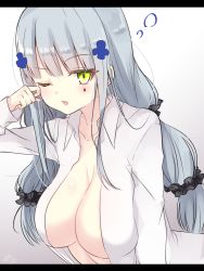 Rule 34 | 1girl, bad id, bad pixiv id, black scrunchie, blush, breasts, cleavage, collared shirt, commentary request, dress shirt, facial mark, girls&#039; frontline, green eyes, hair ornament, hair scrunchie, hand up, highres, hk416 (girls&#039; frontline), large breasts, leaning forward, letterboxed, long hair, long sleeves, naked shirt, one eye closed, open clothes, open shirt, parted lips, ramchi, rubbing eyes, scrunchie, shirt, signature, silver hair, sleepy, solo, very long hair, white shirt