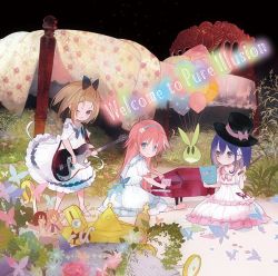 Rule 34 | 3girls, ahoge, album cover, balloon, bangs pinned back, conductor baton, bed, blanket, blonde hair, blue hair, bow, brown eyes, bug, butterfly, cover, dress, electric guitar, english text, flip flappers, floral print, flower, frilled dress, frills, grass, guitar, hair bow, hair flower, hair ornament, hairband, hat, hat bow, bug, instrument, kokomine cocona, long hair, mini piano, multiple girls, official art, orange hair, papika (flip flappers), piano, sheet music, short hair, sitting, tanu, top hat, tt-392, uexkull, white dress, yayaka, aged down