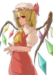 Rule 34 | absurdres, ascot, blonde hair, cowboy shot, flandre scarlet, frilled shirt, frilled shirt collar, frills, from side, hair between eyes, hat, highres, medium hair, mob cap, multicolored wings, own hands together, puffy short sleeves, puffy sleeves, red eyes, red skirt, red vest, shirt, short sleeves, simple background, skirt, skirt set, touhou, twogo, vest, white background, white hat, white shirt, wings, yellow ascot