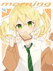 Rule 34 | 1girl, blonde hair, blush, bow, bread, bread slice, cardigan, collared shirt, flying sweatdrops, food, food in mouth, green eyes, hair bow, hands up, highres, long sleeves, looking at viewer, mouth hold, necktie, off shoulder, original, rageno0000, shirt, sleeves past wrists, solo, striped necktie, toast, toast in mouth, twintails, upper body