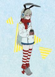 Rule 34 | 1girl, anchor print, animal ear headphones, animal ears, bad id, bad twitter id, bespectacled, black hairband, blue skirt, brown gloves, bunny headphones, buttons, coat, coffee, coffee cup, cup, disposable cup, drinking glass, fake animal ears, full body, glasses, gloves, grey eyes, grey hair, hair between eyes, hairband, headphones, high heels, holding, holding cup, kantai collection, legs together, long hair, long sleeves, looking at viewer, microskirt, miniskirt, ojipon, open mouth, pleated skirt, rabbit ear headphones, red-framed eyewear, red scarf, scarf, shimakaze (kancolle), shirt, shoes, skirt, solo, standing, striped clothes, striped thighhighs, thighhighs, very long hair, white coat