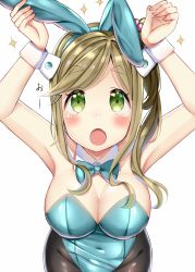 Rule 34 | 10s, 1girl, :o, animal ears, armpits, arms up, black pantyhose, blue bow, blue bowtie, blue hakama, blue leotard, blush, bow, bowtie, breasts, cleavage, covered navel, detached collar, fake animal ears, fang, green eyes, groin, hakama, highres, inuyama aoi, japanese clothes, large breasts, leotard, long hair, looking up, mizukoshi (marumi), open mouth, pantyhose, parted bangs, playboy bunny, rabbit ears, sidelocks, simple background, skin fang, skin tight, solo, sparkle, standing, strapless, strapless leotard, tareme, thick eyebrows, upper body, white background, wrist cuffs, yurucamp