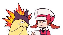 Rule 34 | 1girl, black eyes, bow, brown hair, cabbie hat, commentary request, creatures (company), fire, frown, furrowed brow, game freak, gen 2 pokemon, hat, hat bow, holding, holding photo, jaho, long hair, lowres, lyra (pokemon), nintendo, photo (object), pokemon, pokemon (creature), pokemon hgss, raised eyebrows, red bow, red shirt, shirt, simple background, tearing up, teeth, transparent background, trembling, twintails, typhlosion, white headwear