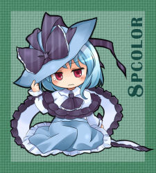 Rule 34 | 1girl, 3:, alternate color, alternate hair color, bad id, bad tinami id, blue dress, blue hair, blush, bow, dress, embarrassed, female focus, frills, frown, hat, hat bow, nagae iku, open mouth, player 2, pote (ptkan), purple eyes, ribbon, shawl, short hair, sitting, smile, solo, tears, touhou