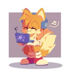 Rule 34 | 1boy, animal ears, blush, blush stickers, closed eyes, closed mouth, fox boy, fox ears, fox tail, furry, furry male, gloves, headphones, holding, male focus, multiple tails, musical note, rosynightd, shoes, smile, solo, sonic (series), standing, tail, tails (sonic), two tails
