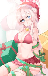 Rule 34 | 1girl, absurdres, alternate costume, bell, bikini, blue archive, blue eyes, blush, box, breasts, christmas, cleavage, gift, gift box, green ribbon, halo, hat, highres, large breasts, long hair, looking at viewer, mimori (blue archive), navel, open mouth, pink hair, pink halo, pleated skirt, pom pom (clothes), red bikini, red hat, red skirt, ribbon, santa bikini, santa hat, simple background, sisong, skirt, solo, stomach, swimsuit, white background, zoom layer