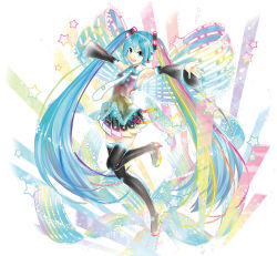 Rule 34 | 1girl, :d, adapted costume, aqua bow, aqua eyes, aqua hair, armpits, bare shoulders, black footwear, black skirt, blouse, boots, bow, collared shirt, detached sleeves, female focus, frilled shirt, frills, full body, hatsune miku, headset, high heels, highres, huge bow, jpeg artifacts, kei (keigarou), leg up, light particles, long hair, looking at viewer, multicolored bow, multicolored clothes, multicolored skirt, necktie, official art, open mouth, outstretched arms, pleated skirt, see-through, shiny clothes, shirt, skirt, sleeveless, sleeveless shirt, smile, solo, standing, standing on one leg, star (symbol), streamers, tattoo, teeth, thigh boots, thighhighs, twintails, very long hair, vocaloid, white background, white necktie, zettai ryouiki